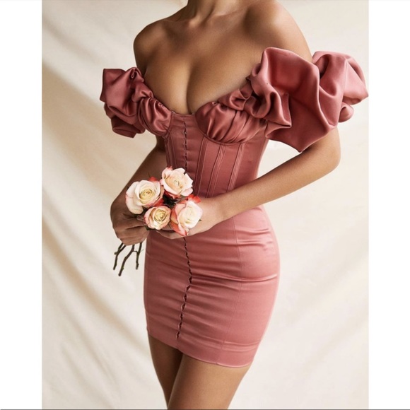 HOUSE OF CB 'Annabelle' Rose Satin Ruffle Strapless Dress NWOT - Picture 1 of 14